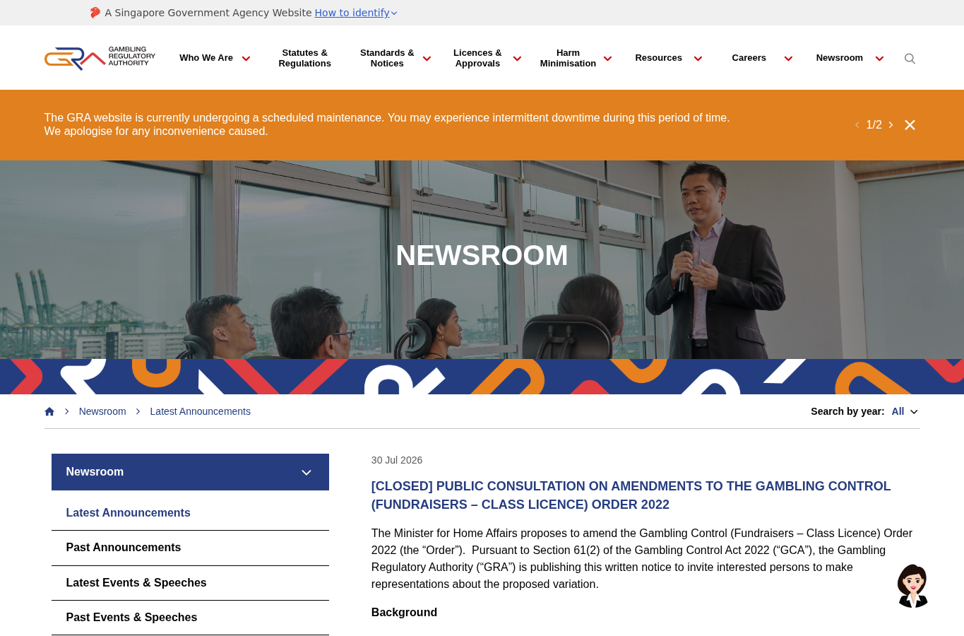 Supplied capture of the GRA Singapore Pools renewal record